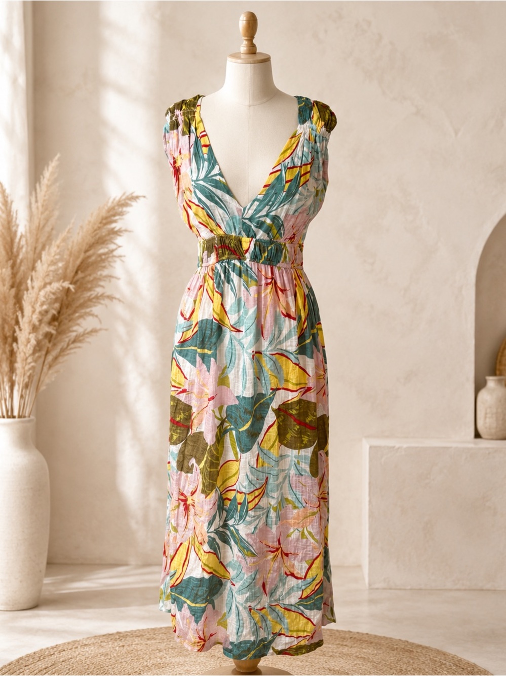 Blue Island Tropical Floral Cotton Rayon Maxi Dress Size M Boho Resort